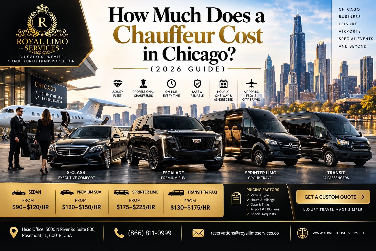 Infographic showing 2026 Chicago chauffeur costs by vehicle: sedan, SUV, Sprinter limo, and 14-passenger Transit hourly rates.