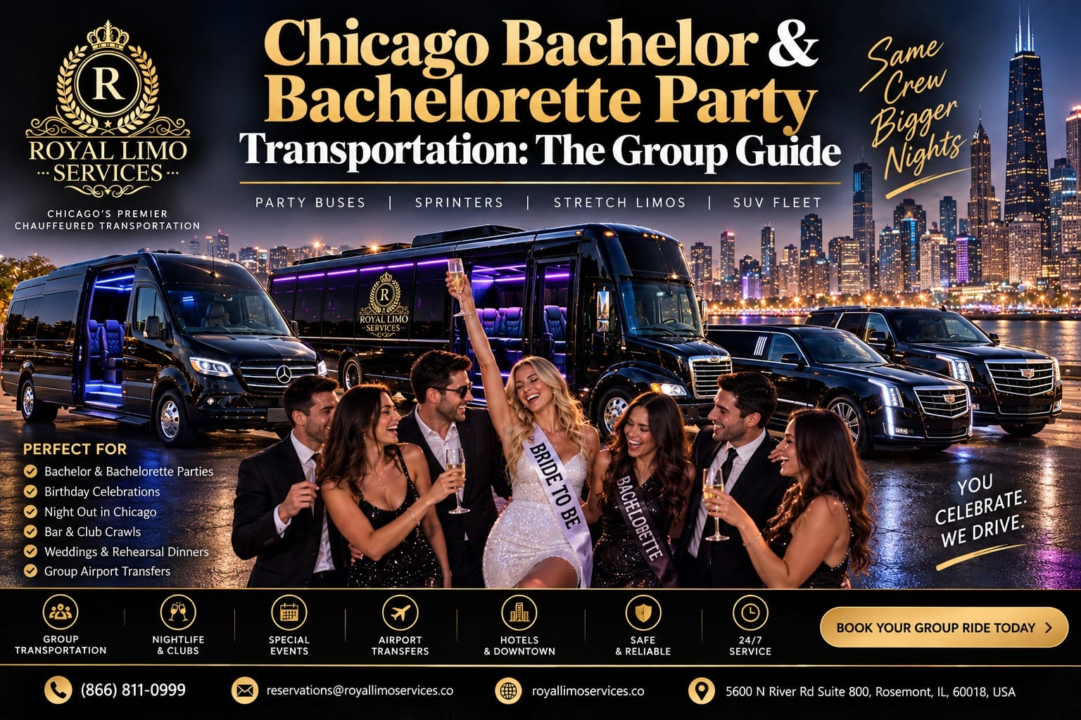 Chicago bachelor and bachelorette party transportation by Royal Limo Services — celebrating group with a bride-to-be beside a Sprinter, party bus, and Escalade on the lakefront with the skyline