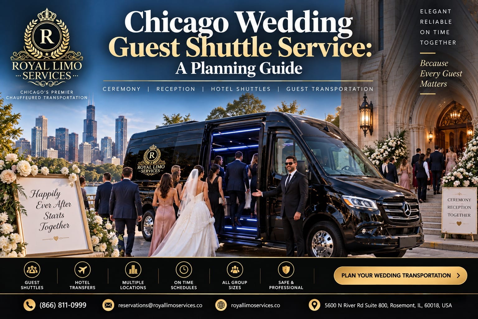 Chicago wedding guest shuttle service by Royal Limo Services — chauffeur welcoming a bride and wedding party onto a black Sprinter shuttle outside a church, skyline behind