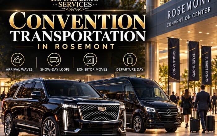 Convention transportation in Rosemont with a Cadillac Escalade and Mercedes Sprinter outside a convention center