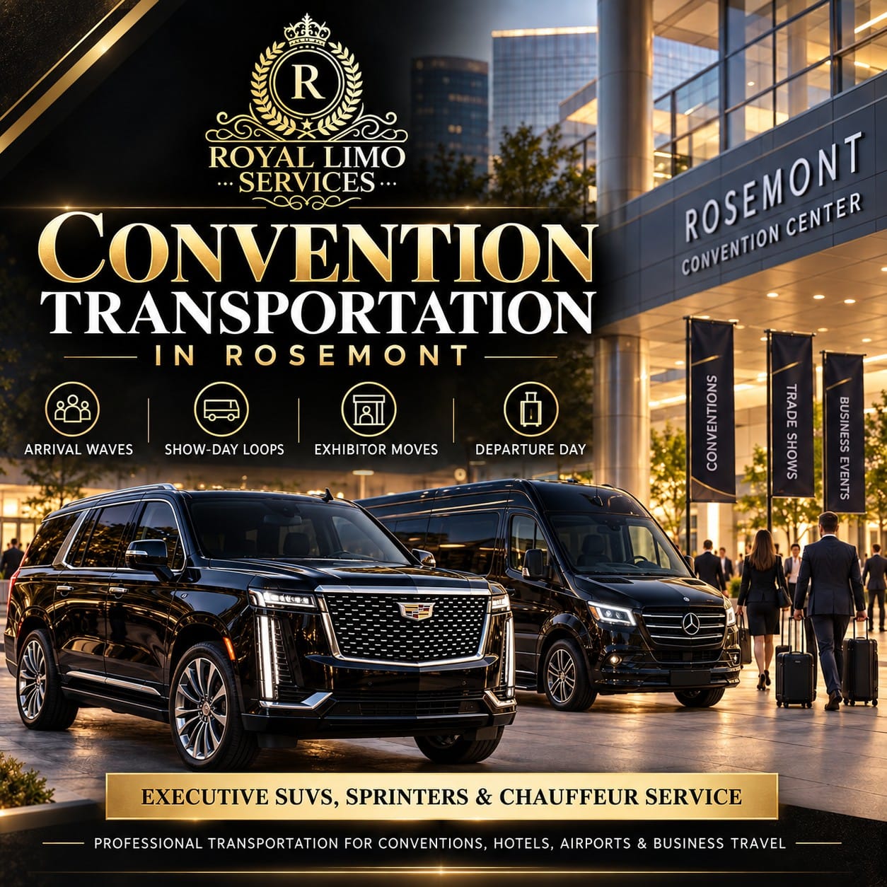 Convention transportation in Rosemont with a Cadillac Escalade and Mercedes Sprinter outside a convention center