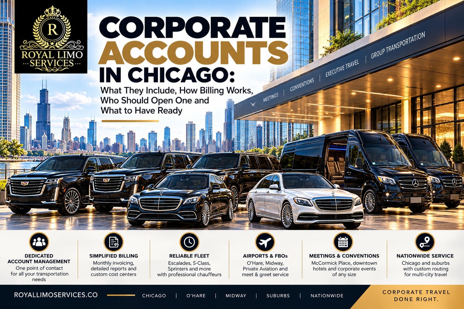 corporate-car-service-accounts-chicago Corporate car service accounts in Chicago with Cadillac Escalades, Mercedes S-Class sedans and Sprinter vans