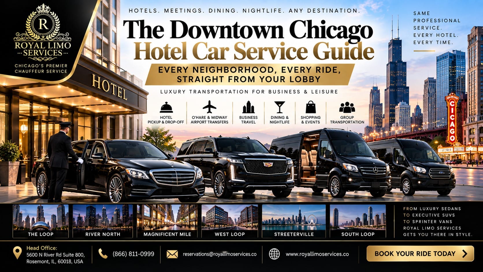 The Downtown Chicago hotel car service guide by Royal Limo Services — chauffeur opening a sedan door at a hotel entrance with an Escalade SUV and Sprinter vans, Chicago skyline behind