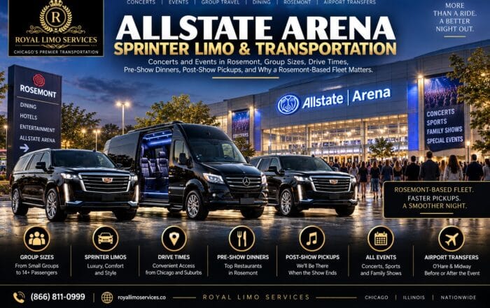 Allstate Arena Sprinter limo and transportation in Rosemont, with two black Cadillac Escalades and a Mercedes Sprinter van with its door open outside the arena at night as concertgoers arrive