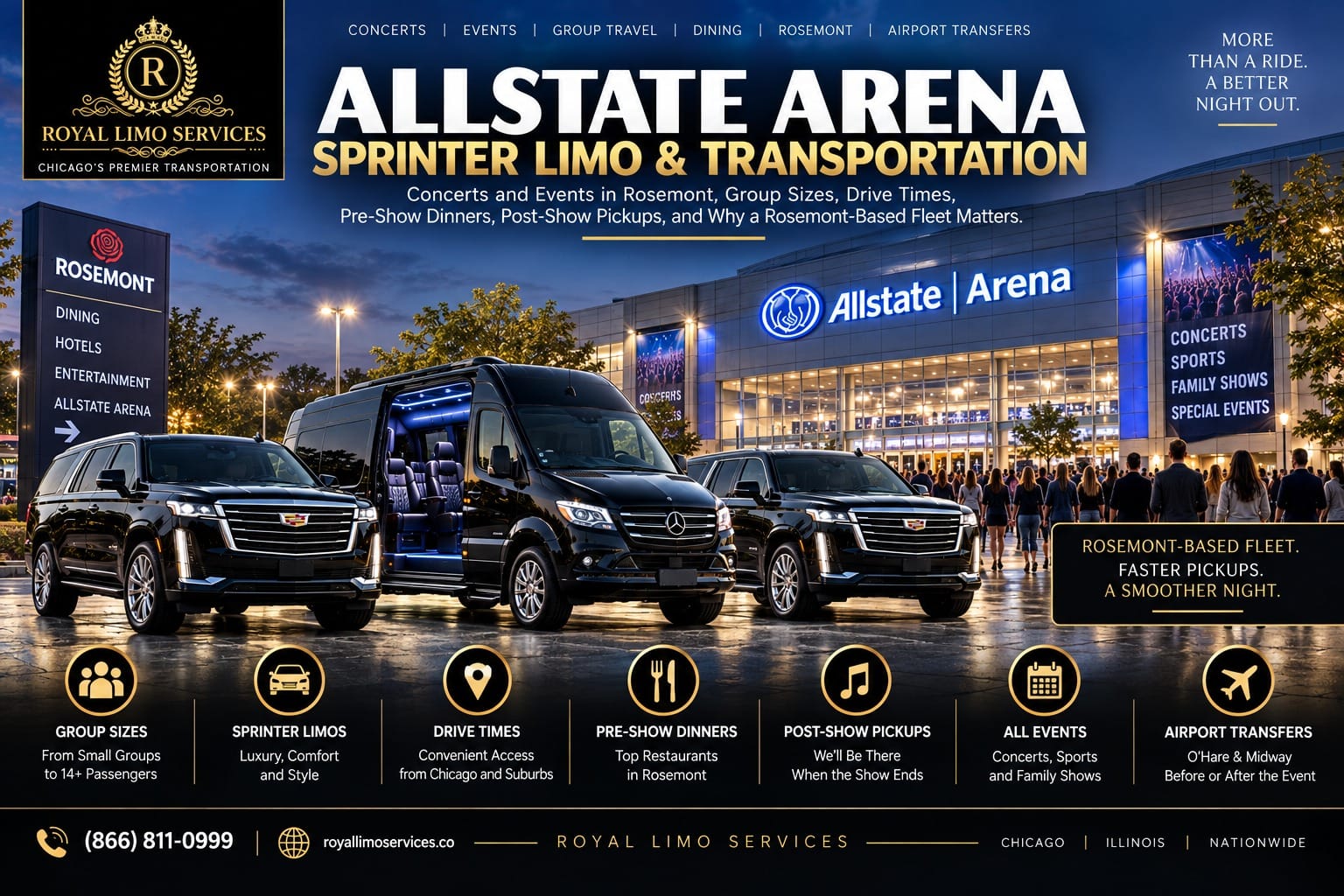 Allstate Arena Sprinter limo and transportation in Rosemont, with two black Cadillac Escalades and a Mercedes Sprinter van with its door open outside the arena at night as concertgoers arrive