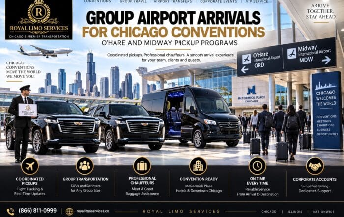 Group airport arrivals for Chicago conventions, with a chauffeur holding a name sign beside two black Cadillac Escalades and a Mercedes Sprinter van as business travelers arrive with luggage