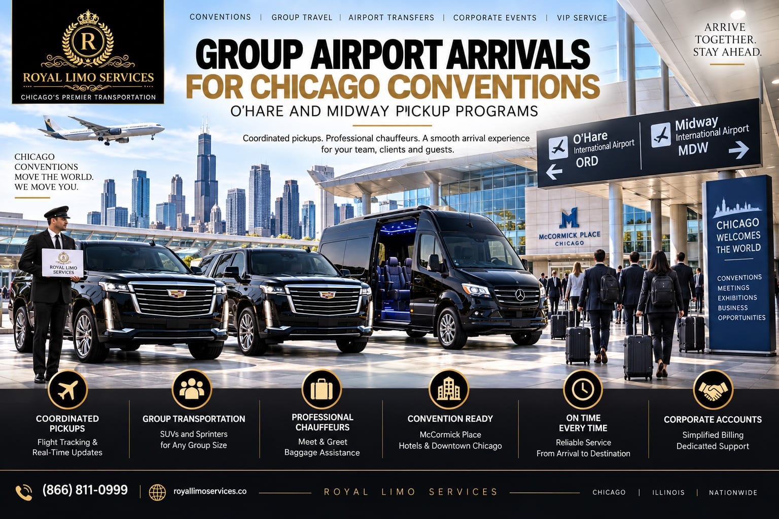 group-airport-arrivals-chicago-conventions Group airport arrivals for Chicago conventions, with a chauffeur holding a name sign beside two black Cadillac Escalades and a Mercedes Sprinter van as business travelers arrive with luggage