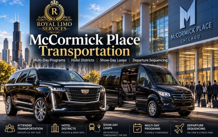 McCormick Place transportation in Chicago with a Cadillac Escalade and Mercedes Sprinter outside the convention center