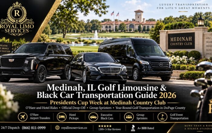 Medinah, IL golf limousine and black car transportation by Royal Limo Services — Cadillac Escalade, Mercedes S-Class sedan, and Sprinter van at the Medinah Country Club entrance for Presidents Cup week 2026