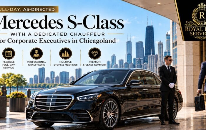 Royal Limo Services chauffeur beside a black Mercedes S-Class as a Chicago executive walks to the car