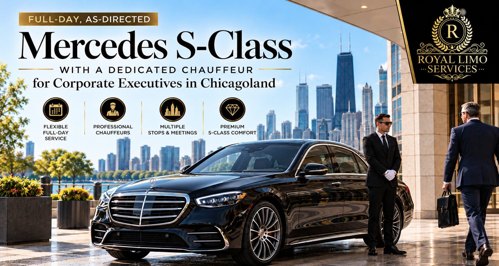Royal Limo Services chauffeur beside a black Mercedes S-Class as a Chicago executive walks to the car