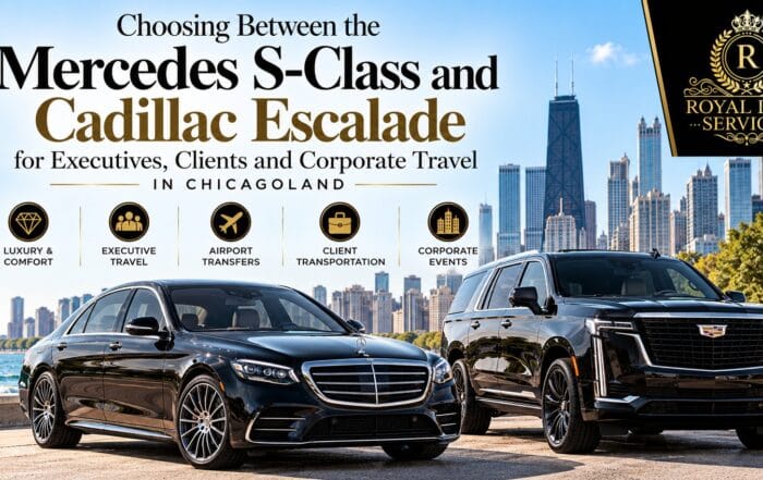 Black Mercedes S-Class and Cadillac Escalade from Royal Limo Services parked side by side on Chicago's lakefront