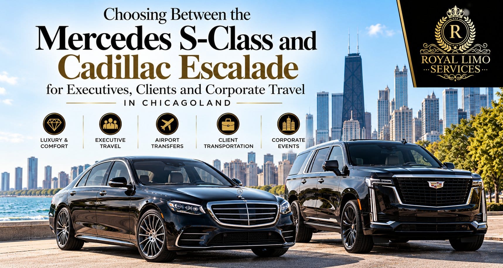 mercedes-s-class-vs-cadillac-escalade-chicago-corporate-travel Black Mercedes S-Class and Cadillac Escalade from Royal Limo Services parked side by side on Chicago's lakefront