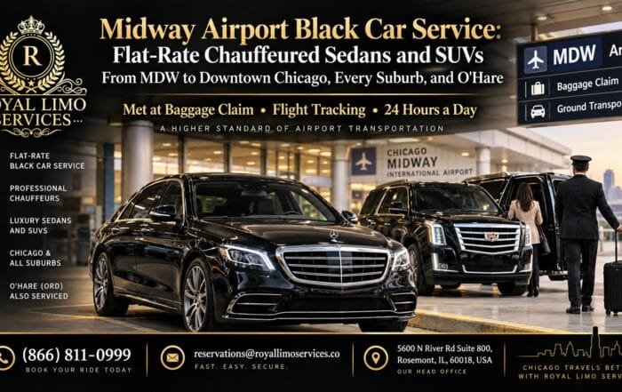 Midway Airport black car service by Royal Limo Services — chauffeur greeting a traveler beside a Mercedes S-Class sedan and Cadillac Escalade SUV outside Chicago Midway International Airport