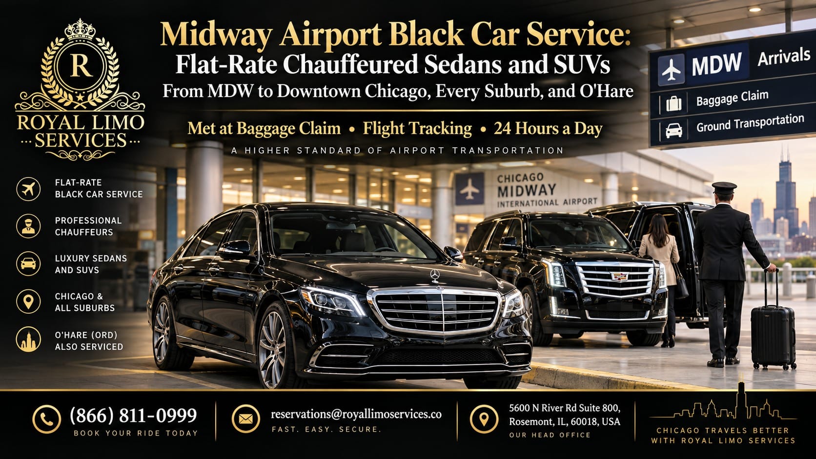 Midway Airport black car service by Royal Limo Services — chauffeur greeting a traveler beside a Mercedes S-Class sedan and Cadillac Escalade SUV outside Chicago Midway International Airport