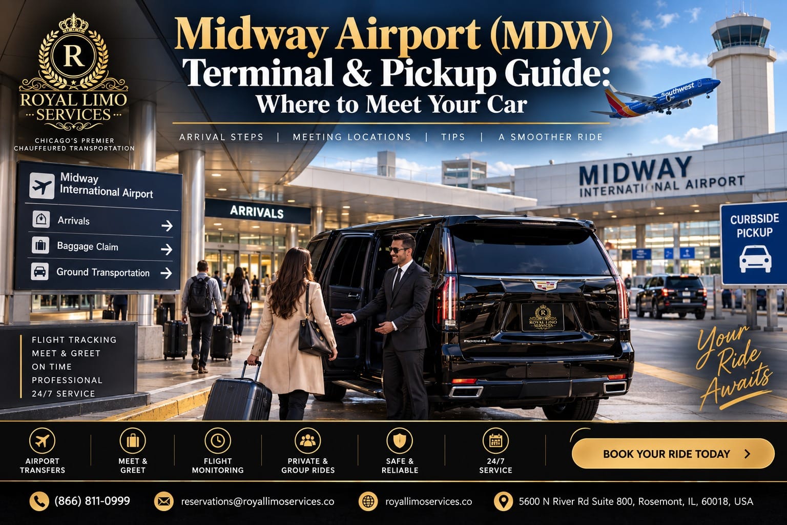 Midway Airport (MDW) terminal and pickup guide by Royal Limo Services — chauffeur welcoming a passenger into a black Cadillac Escalade at the MDW arrivals curb