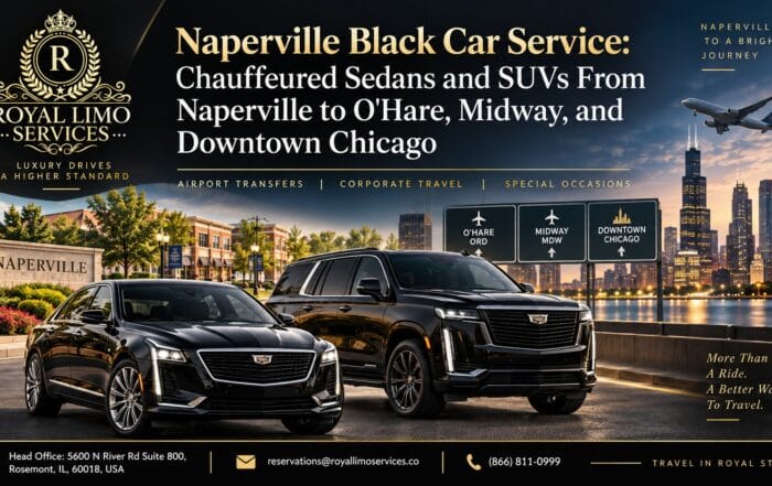 Naperville black car service by Royal Limo Services — black Cadillac CT6 sedan and Escalade SUV at the Naperville sign with airport direction signs to O'Hare, Midway, and downtown Chicago