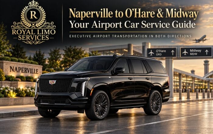 Royal Limo Services black Cadillac Escalade for Naperville to O'Hare and Midway airport car service, executive chauffeured SUV at the airport terminal