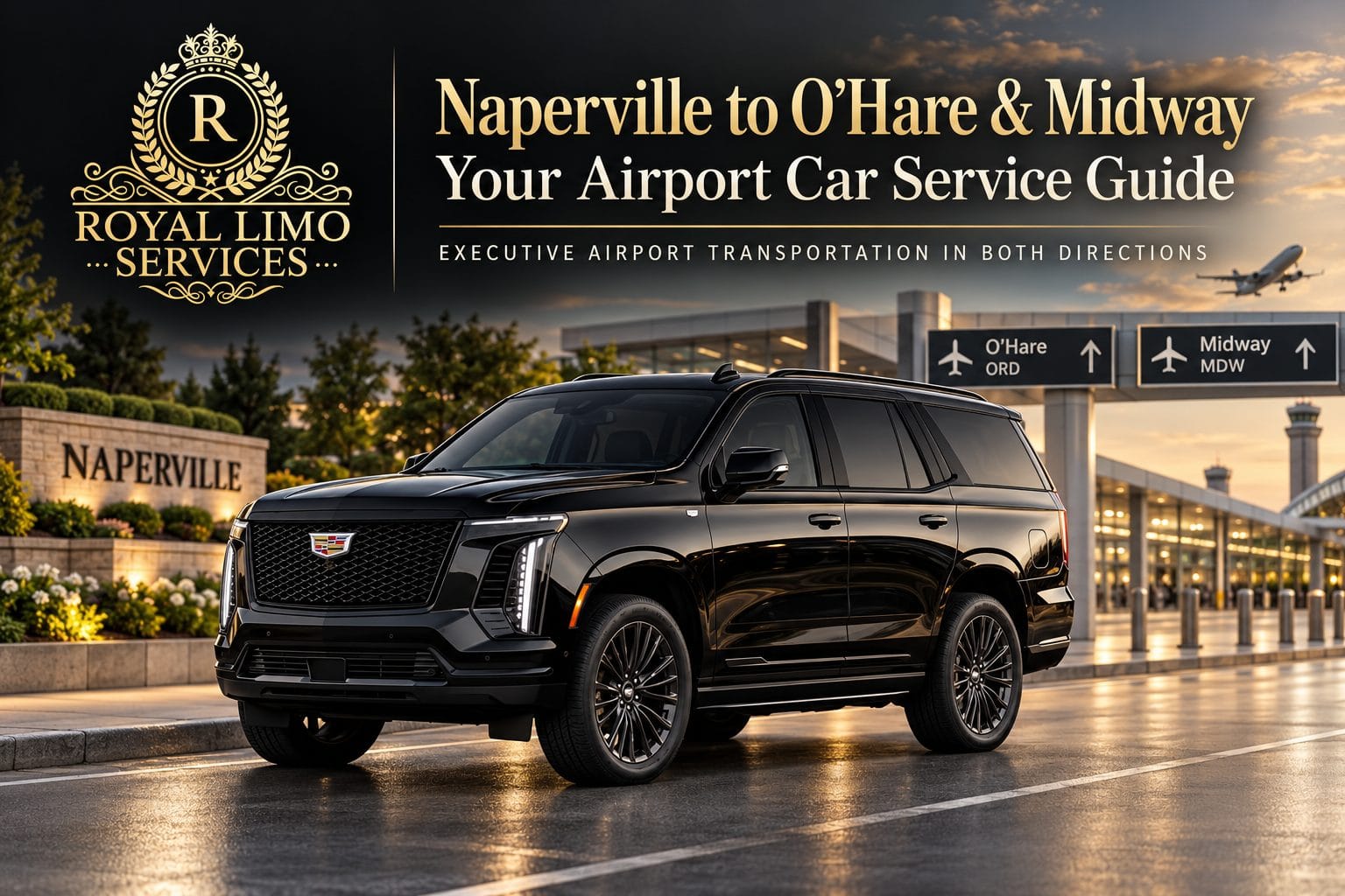 Royal Limo Services black Cadillac Escalade for Naperville to O'Hare and Midway airport car service, executive chauffeured SUV at the airport terminal