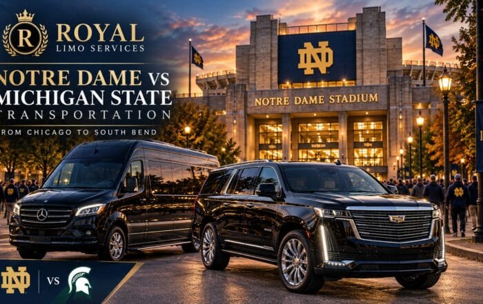 Notre Dame vs Michigan State transportation from Chicago with Royal Limo Services SUV and Sprinter at Notre Dame Stadium