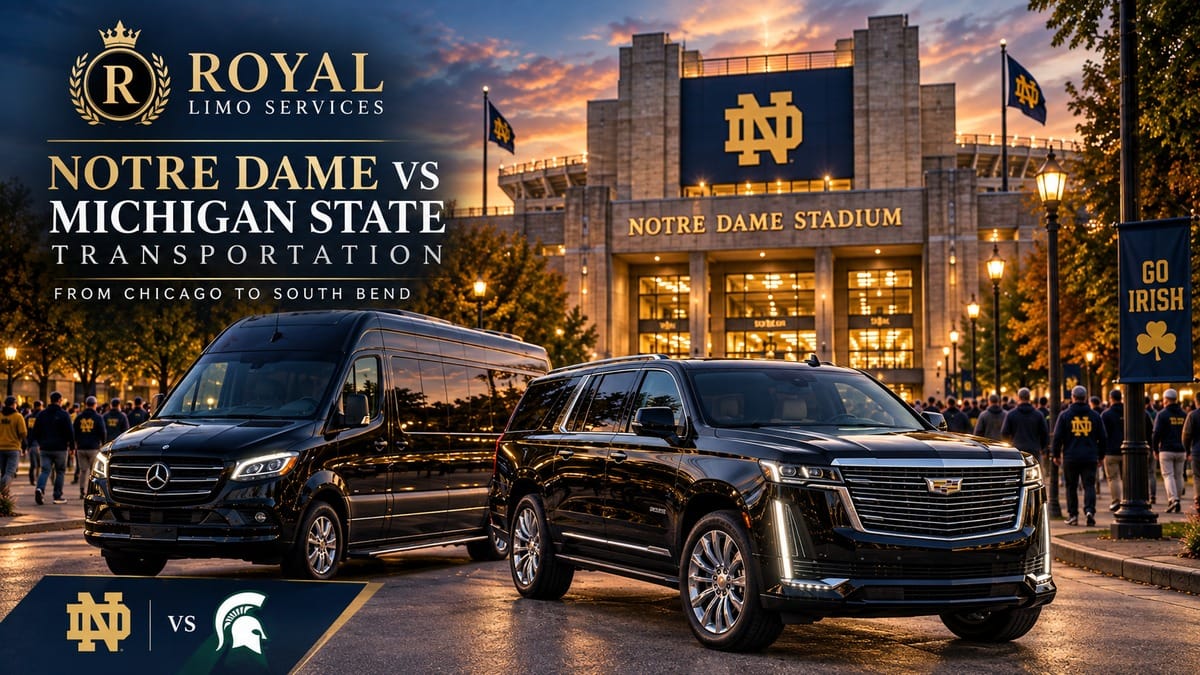 Notre Dame vs Michigan State Transportation Notre Dame vs Michigan State transportation from Chicago with Royal Limo Services SUV and Sprinter at Notre Dame Stadium