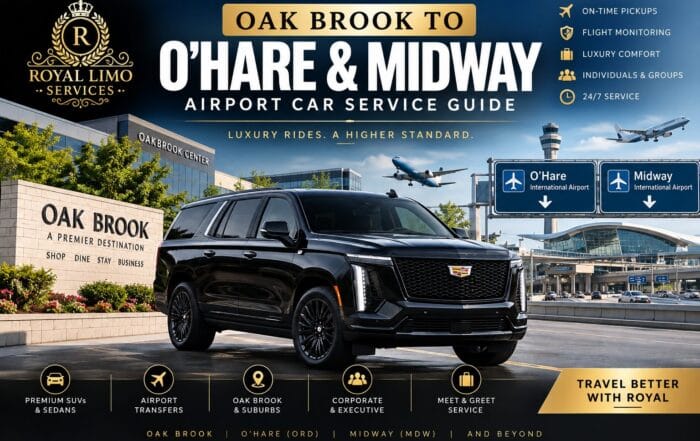 Royal Limo Services black Cadillac Escalade Oak Brook to O'Hare and Midway airport car service, executive chauffeured SUV at Oakbrook Center with airport signs