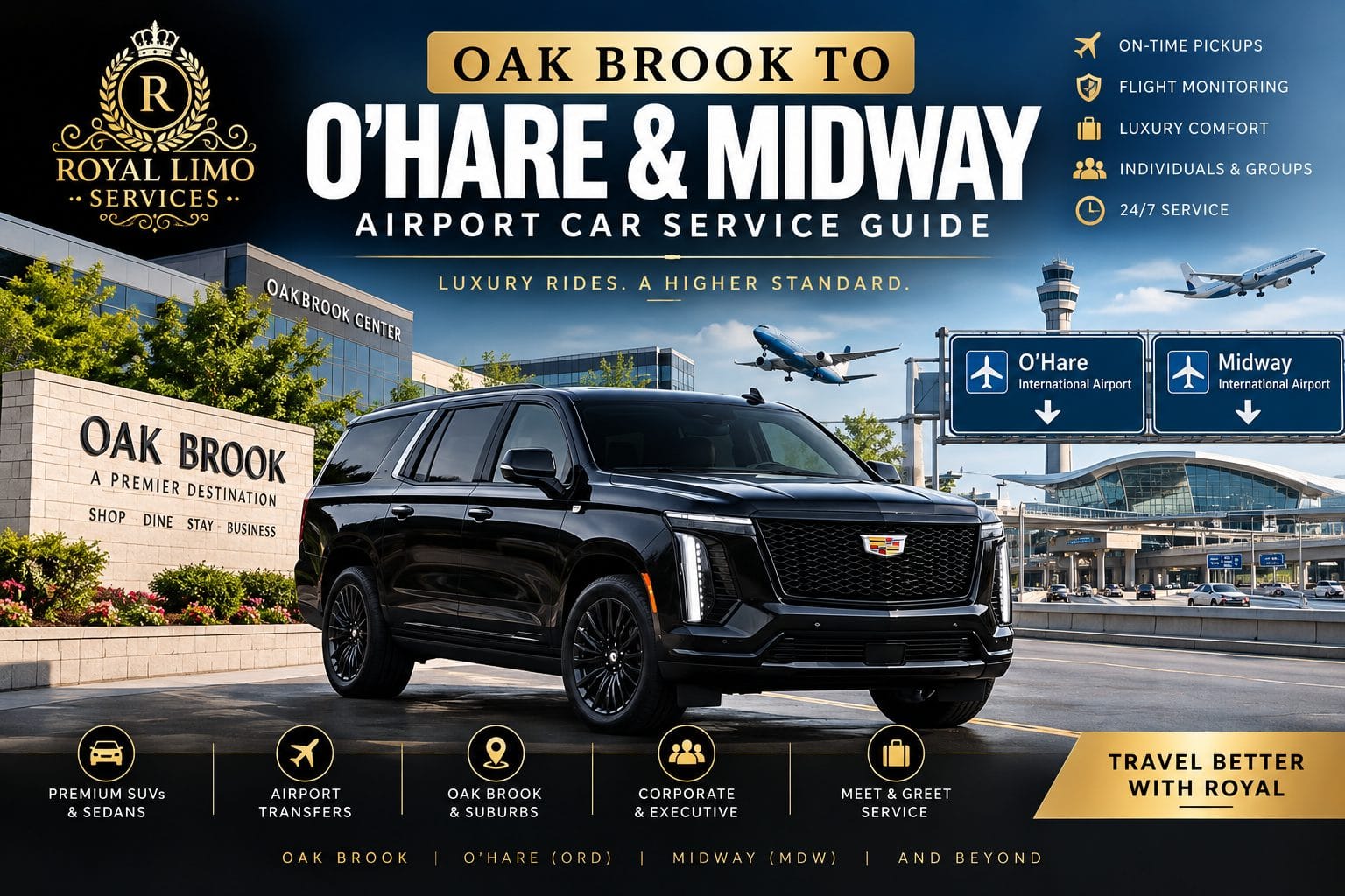 Royal Limo Services black Cadillac Escalade Oak Brook to O'Hare and Midway airport car service, executive chauffeured SUV at Oakbrook Center with airport signs