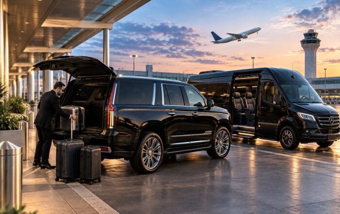 Black luxury Cadillac Escalade and Mercedes-Benz Sprinter at an airport curb with luggage for O’Hare to McCormick Place transportation, representing executive, corporate, convention, and group travel in Chicago.