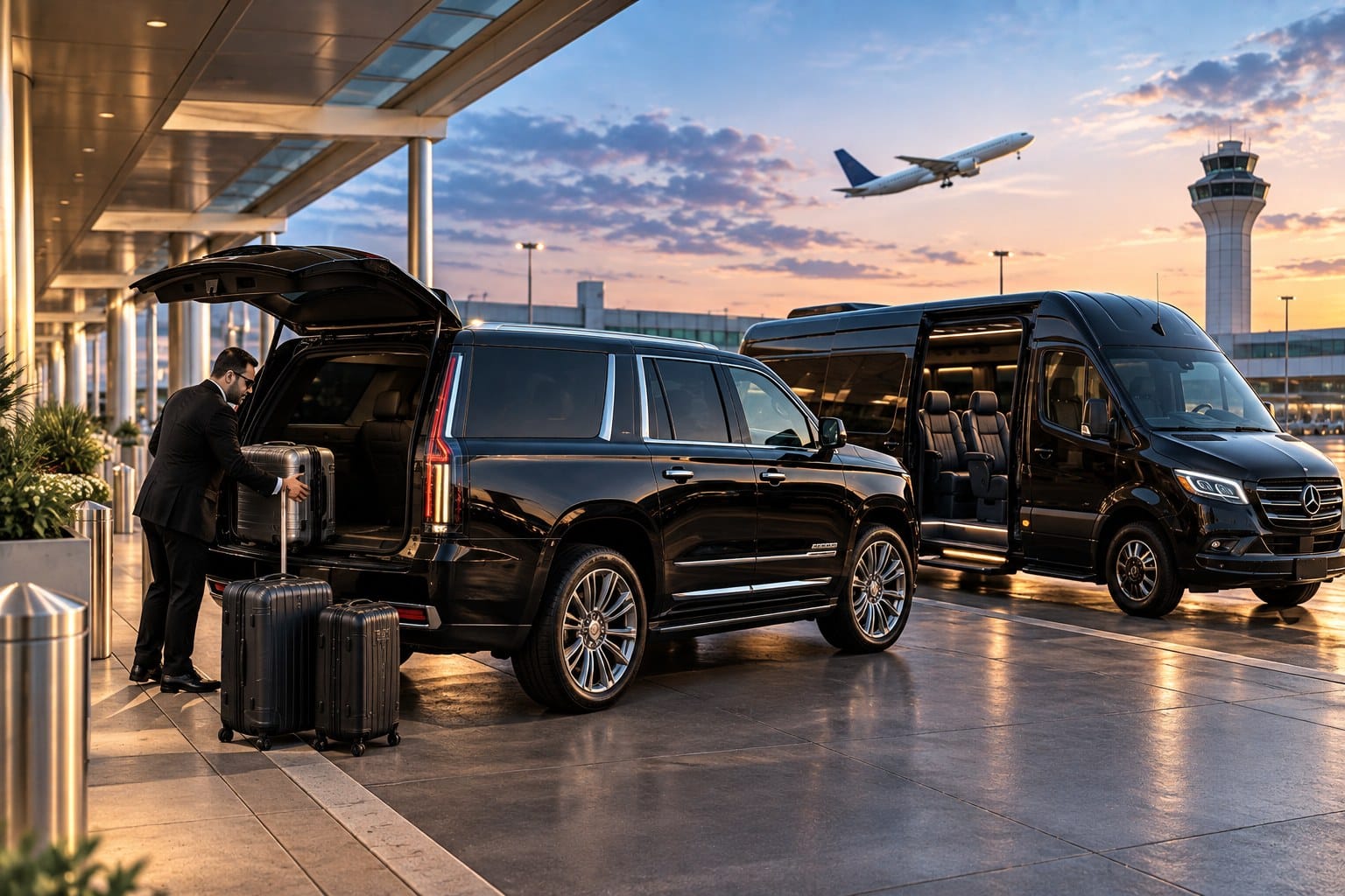 ohare-to-mccormick-place-transportation-guide Black luxury Cadillac Escalade and Mercedes-Benz Sprinter at an airport curb with luggage for O’Hare to McCormick Place transportation, representing executive, corporate, convention, and group travel in Chicago.
