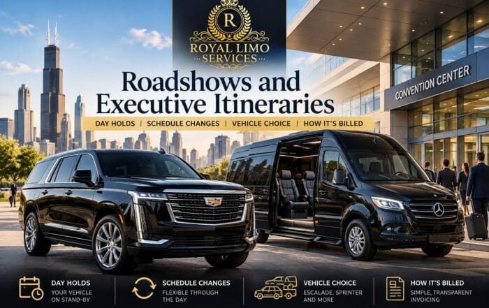 Roadshow and executive itinerary transportation in Chicago with a Cadillac Escalade and Mercedes Sprinter