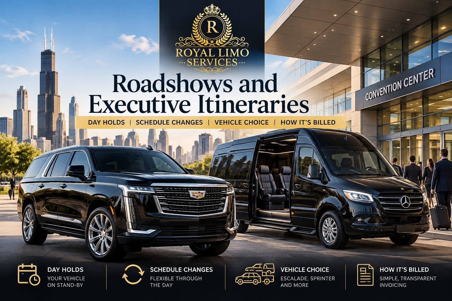 roadshow-executive-itinerary-transportation-chicago Roadshow and executive itinerary transportation in Chicago with a Cadillac Escalade and Mercedes Sprinter