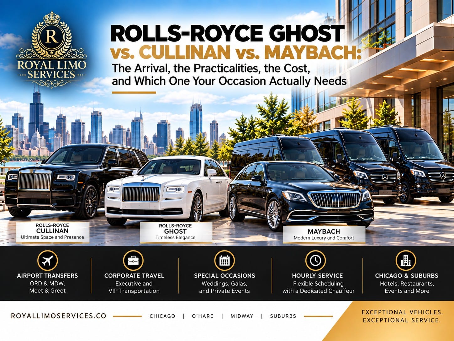 rolls-royce-ghost-vs-cullinan-vs-maybach-chicago Rolls-Royce Ghost vs Cullinan vs Maybach chauffeured car service in Chicago by Royal Limo Services