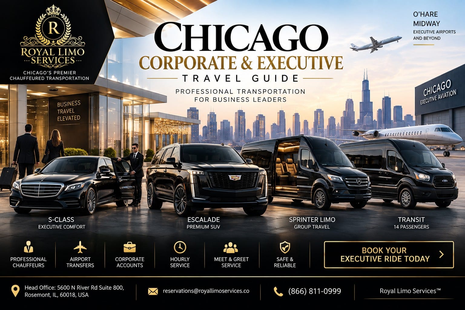 Royal Limo Services chauffeur and fleet — S-Class, Escalade, Sprinter and Transit for Chicago corporate and executive travel to O'Hare and Midway