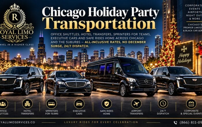 Chicago holiday party transportation by Royal Limo Services: office shuttles, hotel transfers, Mercedes Sprinter vans for teams, executive cars and safe rides home across Chicago and the suburbs