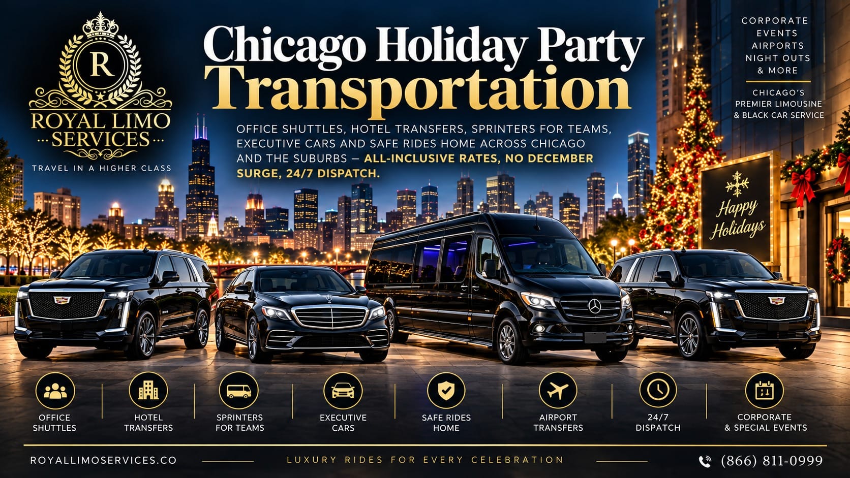 Chicago holiday party transportation by Royal Limo Services: office shuttles, hotel transfers, Mercedes Sprinter vans for teams, executive cars and safe rides home across Chicago and the suburbs