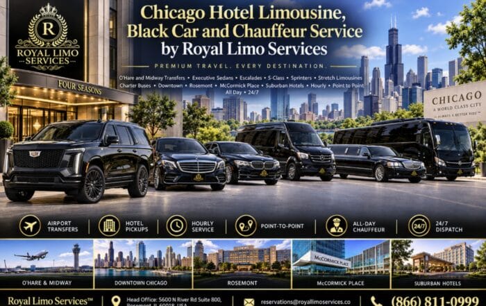 Chicago hotel limousine, black car and chauffeur service by Royal Limo Services: O'Hare and Midway transfers, executive sedans, Escalades, Sprinters, stretch limousines and charter buses for downtown, Rosemont, McCormick Place and suburban hotels
