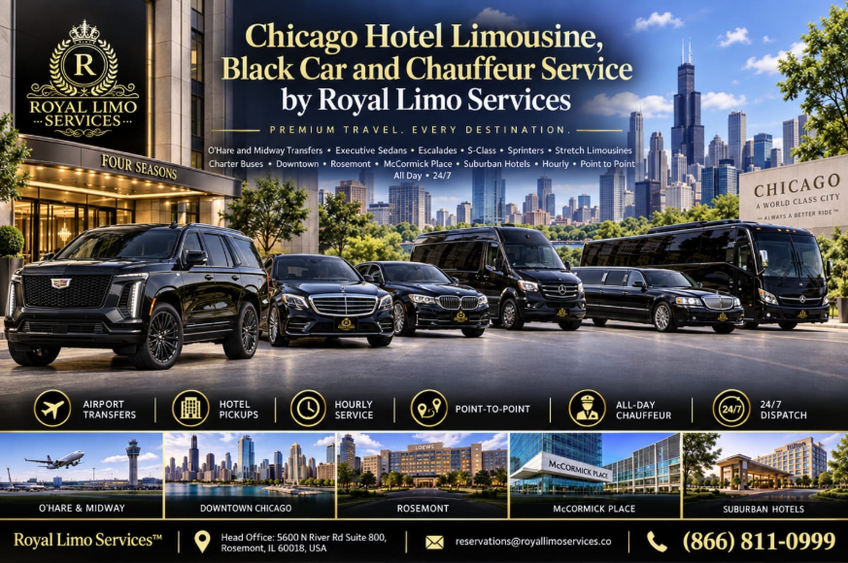 Chicago hotel limousine, black car and chauffeur service by Royal Limo Services: O'Hare and Midway transfers, executive sedans, Escalades, Sprinters, stretch limousines and charter buses for downtown, Rosemont, McCormick Place and suburban hotels