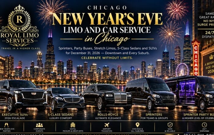 Chicago New Year's Eve limo and car service by Royal Limo Services: Cadillac Escalade SUVs, Mercedes S-Class sedans, Rolls-Royce, Sprinter vans and Sprinter party buses for downtown Chicago and every suburb