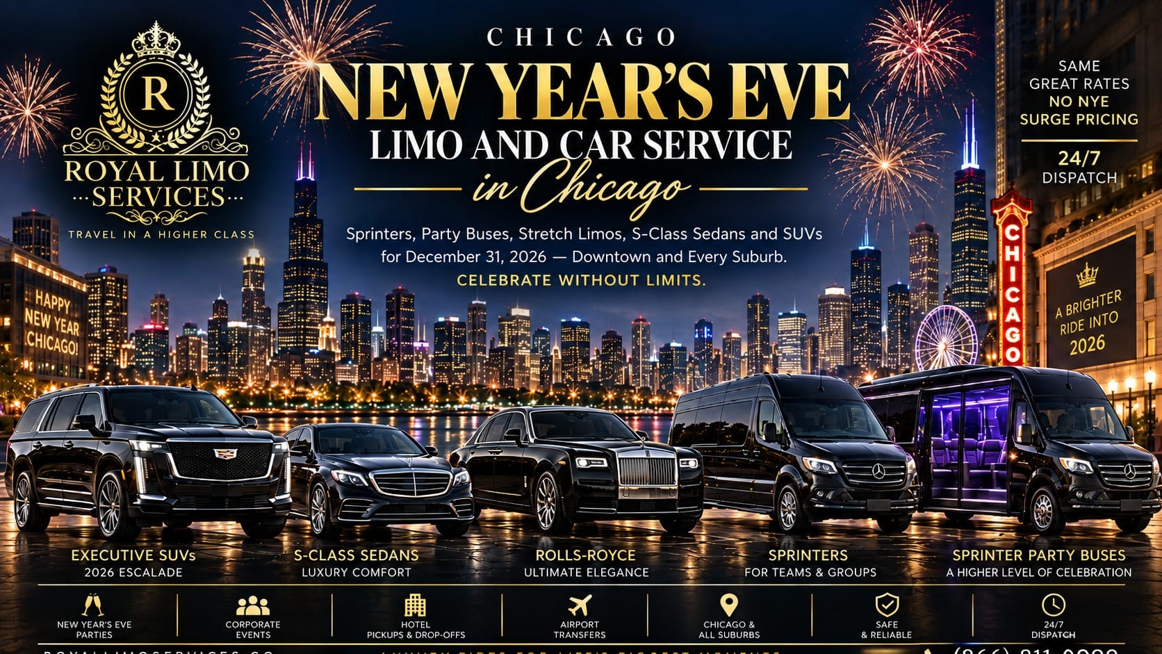 Chicago New Year's Eve limo and car service by Royal Limo Services: Cadillac Escalade SUVs, Mercedes S-Class sedans, Rolls-Royce, Sprinter vans and Sprinter party buses for downtown Chicago and every suburb