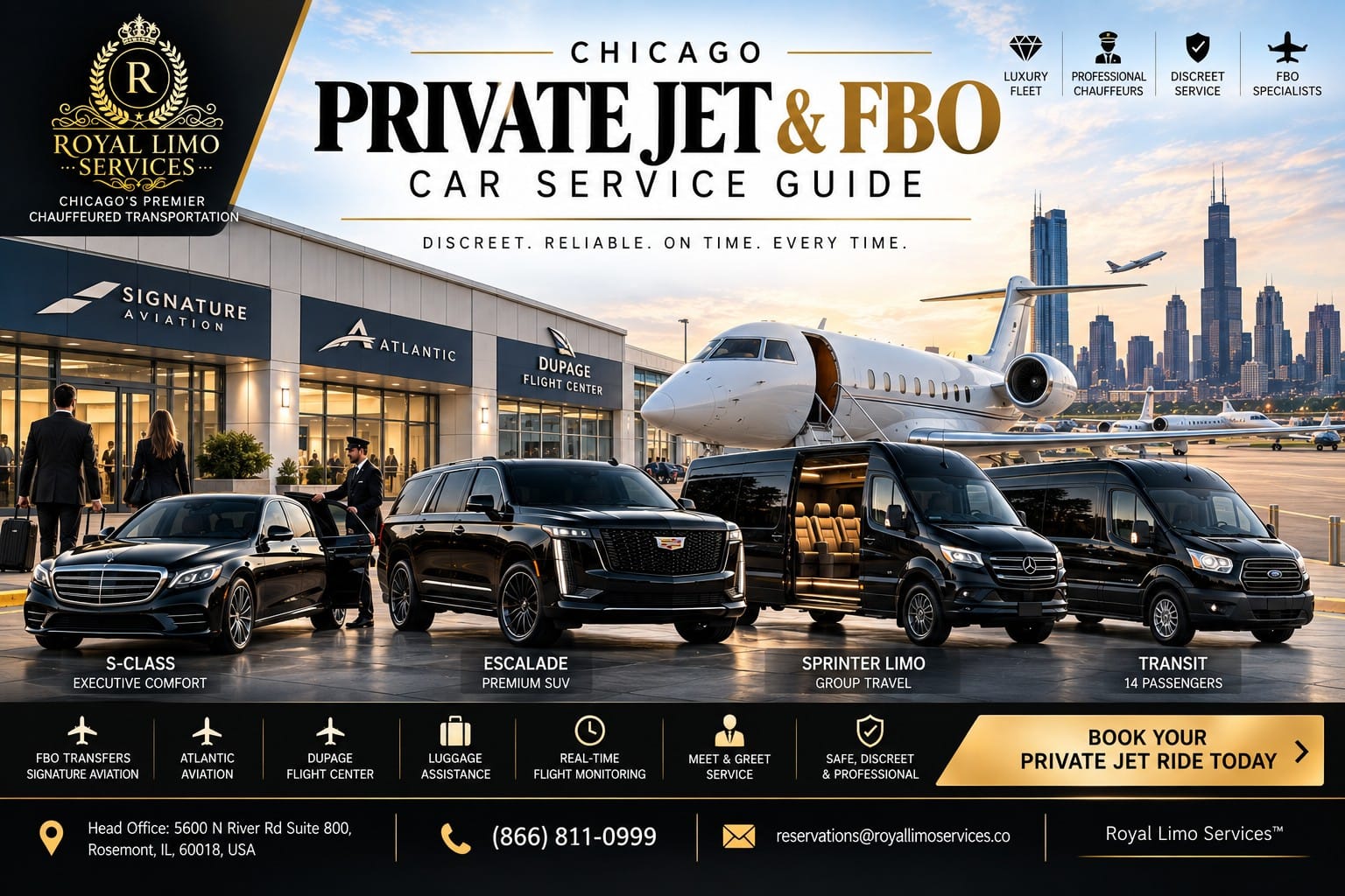 Royal Limo Services fleet and private jet at a Chicago FBO — chauffeured car service for Signature, Atlantic and DuPage private jet terminals