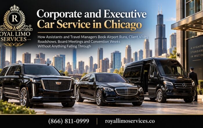 Corporate and executive car service in Chicago by Royal Limo Services: chauffeured Cadillac Escalade, Mercedes S-Class sedan and Sprinter van for airport runs, client visits, roadshows, board meetings and convention weeks
