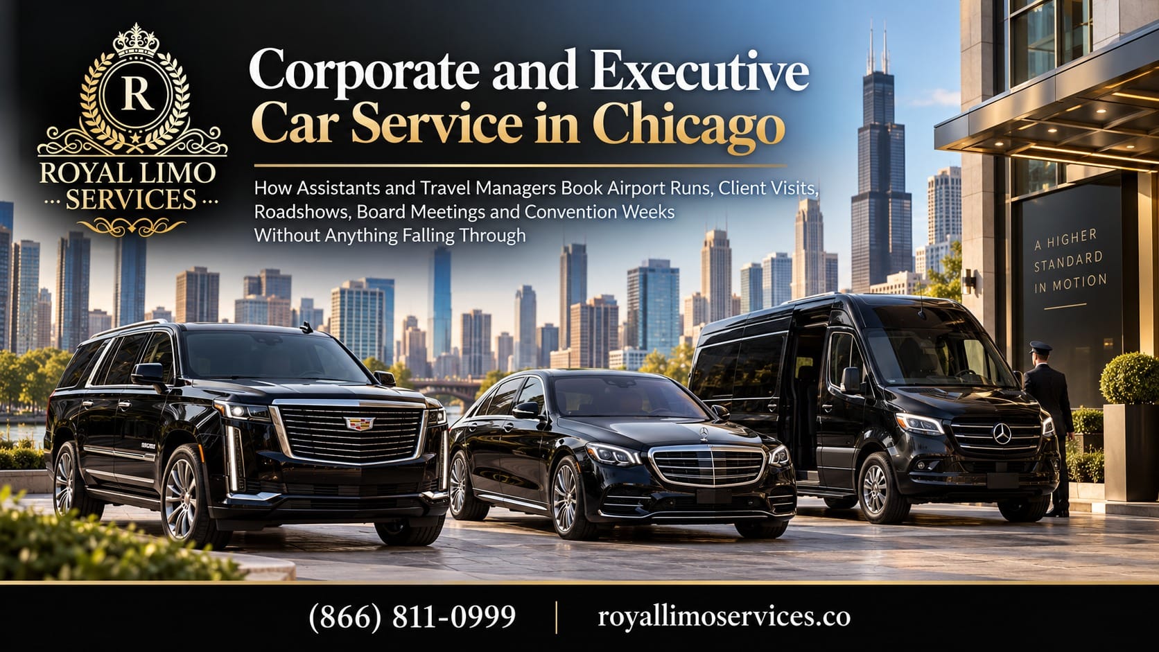 Corporate and executive car service in Chicago by Royal Limo Services: chauffeured Cadillac Escalade, Mercedes S-Class sedan and Sprinter van for airport runs, client visits, roadshows, board meetings and convention weeks