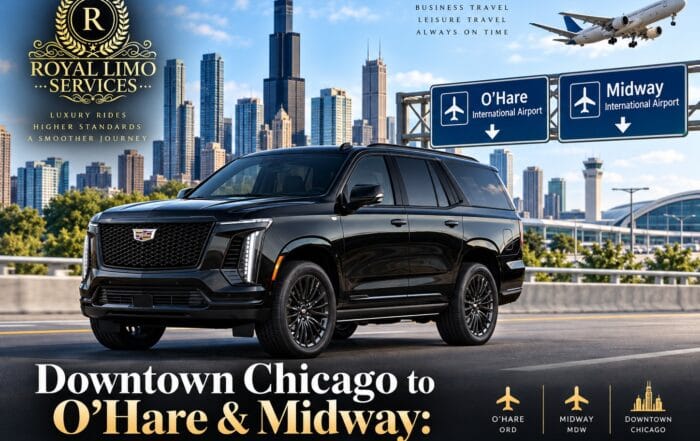 Royal Limo Services black Cadillac Escalade in downtown Chicago — luxury airport transfers to O'Hare (ORD) and Midway (MDW)