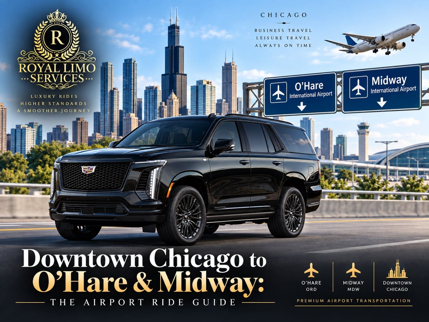 Royal Limo Services black Cadillac Escalade in downtown Chicago — luxury airport transfers to O'Hare (ORD) and Midway (MDW)