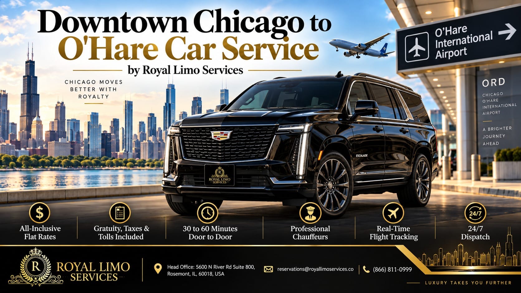 Downtown Chicago to O'Hare car service by Royal Limo Services: black Cadillac Escalade with all-inclusive flat rates, gratuity, taxes and tolls included, real-time flight tracking and 24/7 dispatch