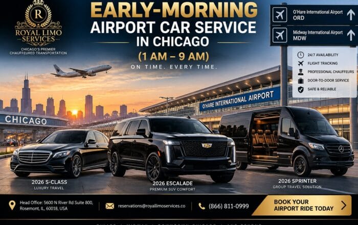 Royal Limo Services 2026 S-Class, Escalade and Sprinter for early-morning Chicago airport car service to O'Hare and Midway