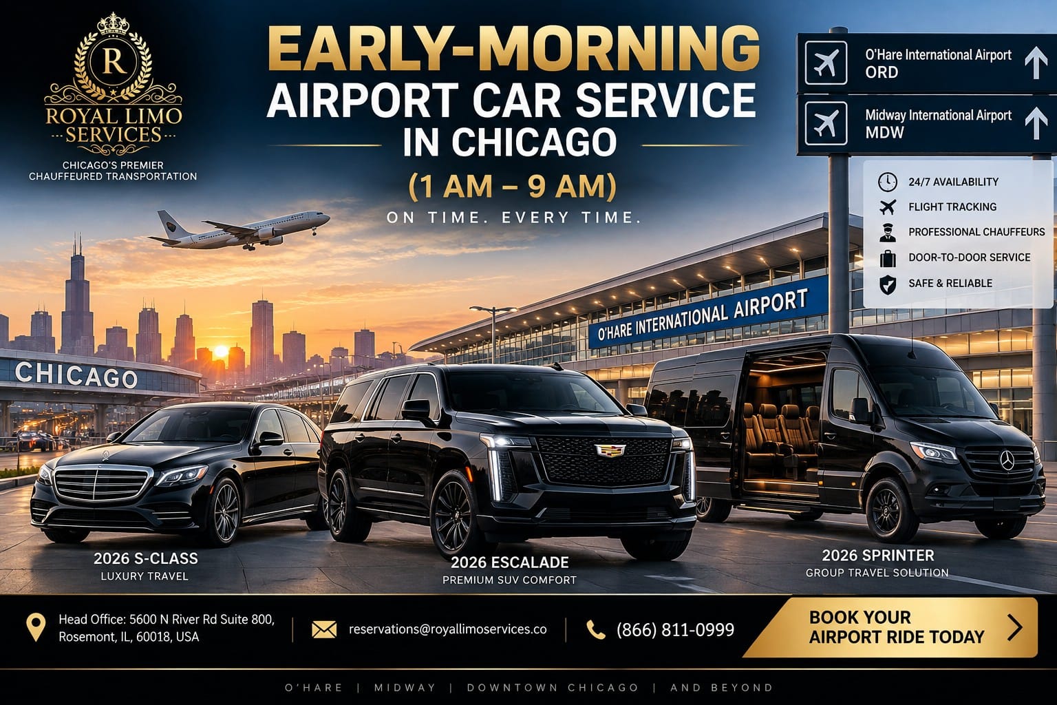 Royal Limo Services 2026 S-Class, Escalade and Sprinter for early-morning Chicago airport car service to O'Hare and Midway