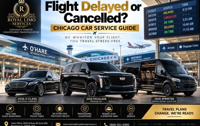 Royal Limo Services fleet with flight status board — Chicago car service that monitors delayed and cancelled flights at O'Hare and Midway