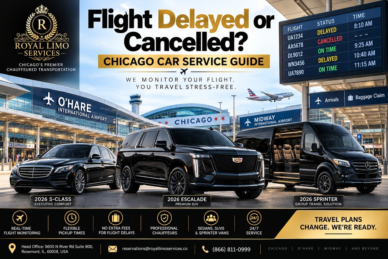 Royal Limo Services fleet with flight status board — Chicago car service that monitors delayed and cancelled flights at O'Hare and Midway