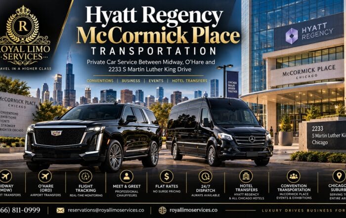 Hyatt Regency McCormick Place transportation by Royal Limo Services: private Cadillac Escalade and Mercedes Sprinter car service between Midway, O'Hare and 2233 S Martin Luther King Drive, Chicago